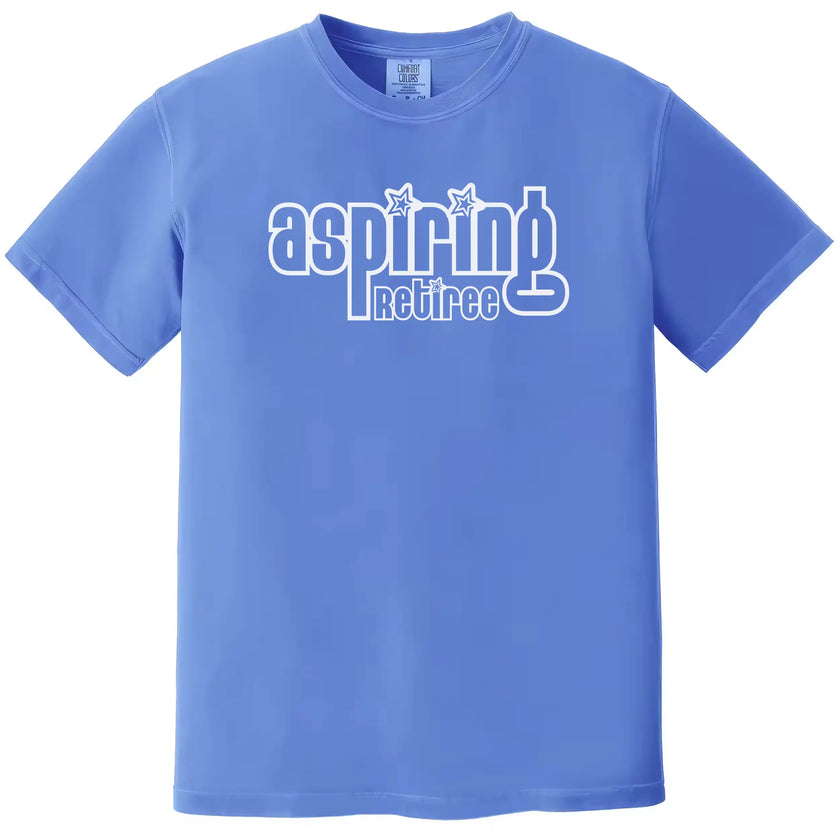 Retro ‘Aspiring Retiree’ t-shirt in blue, minimal sarcastic lettering design, casual funny everyday tee.
