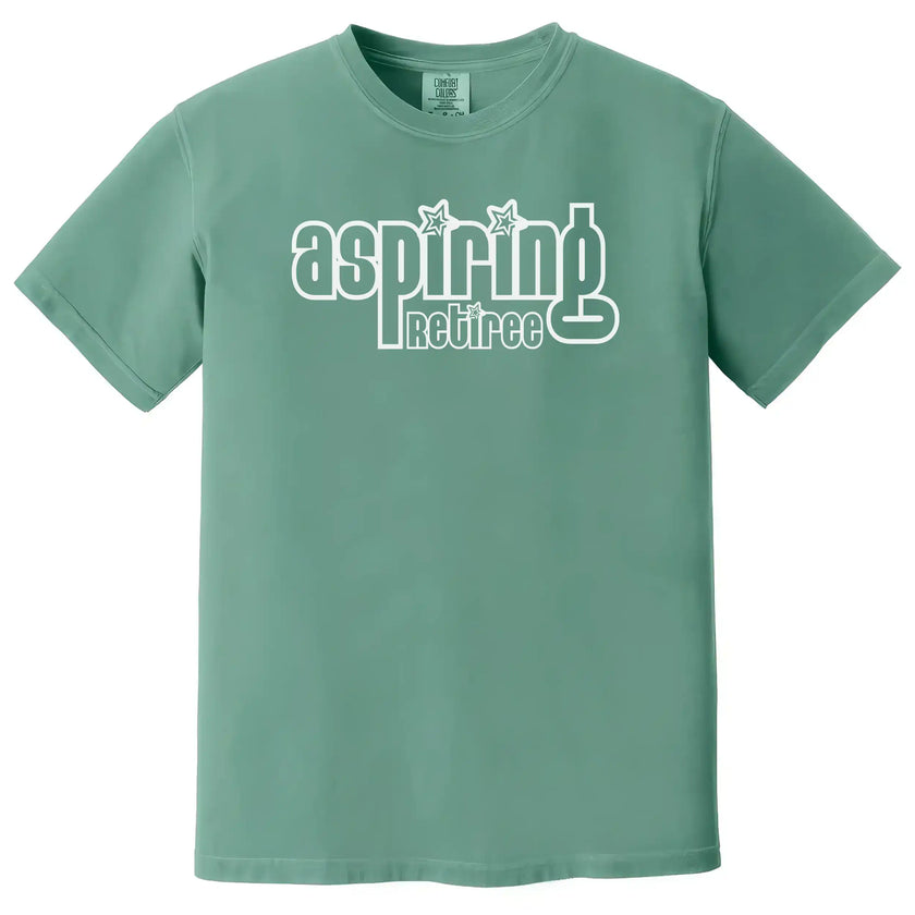 Aspiring Retiree graphic tee in green, vintage font text design, funny and simple sarcastic shirt.