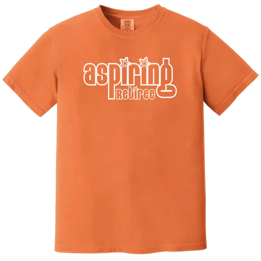 Funny retro ‘Aspiring Retiree’ shirt in orange, simple vintage font design, laid-back sarcastic graphic tee.