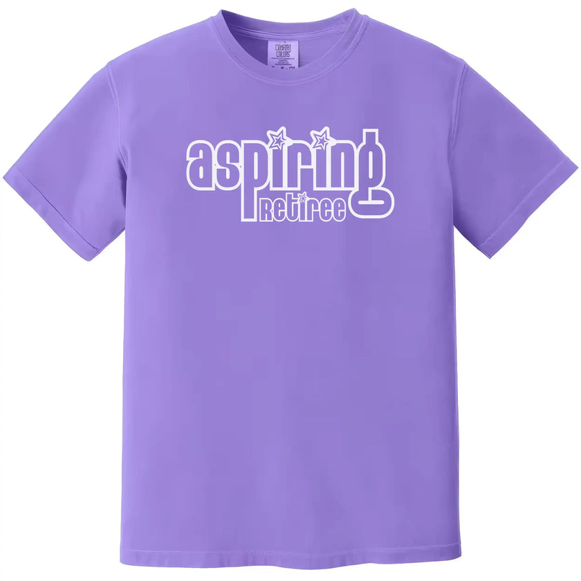 Aspiring Retiree shirt in purple, retro vintage font text, simple sarcastic humor graphic tee.