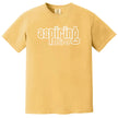 Aspiring Retiree’ t-shirt in yellow, retro-style lettering with minimal sarcastic humor design, casual everyday tee.