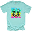 Summer Beach Babe tee in mint, neon rainbow distressed text with palm tree smile face and hammock design, tropical vacation shirt.