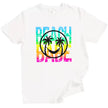 Beach Babe summer t-shirt in white, neon rainbow distressed lettering with palm tree smile face design, tropical beach graphic tee.