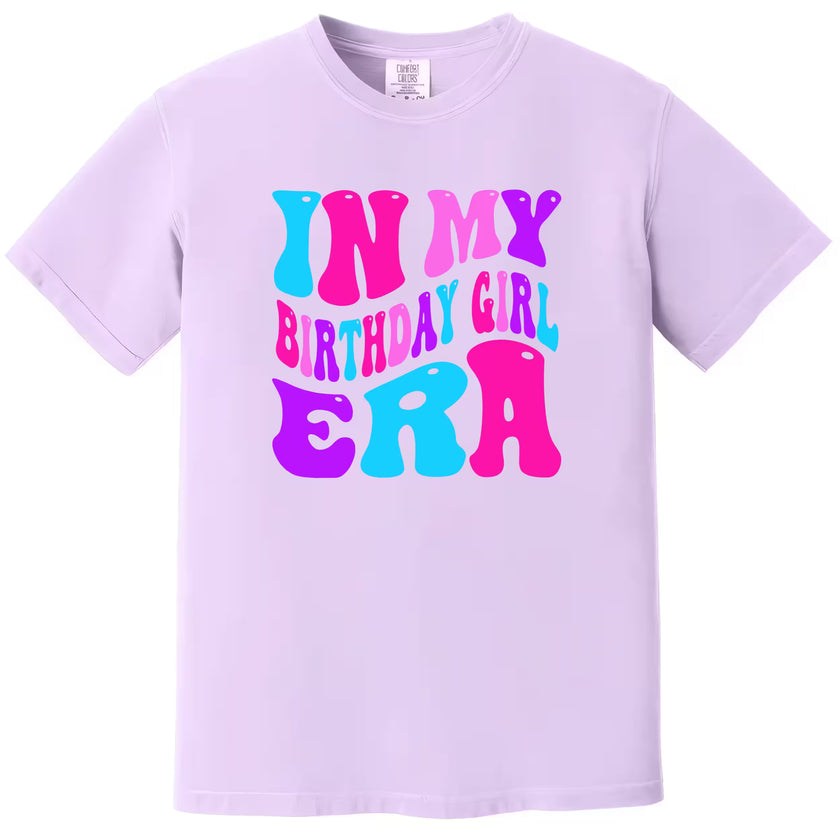 In My Birthday Girl Era women’s birthday t-shirt in purple, bold pink, purple, and blue retro letters, fun and colorful birthday graphic tee for women.