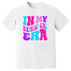 In My Birthday Girl Era women’s birthday t-shirt in white, bold retro multicolor pink, purple, and blue lettering, fun birthday graphic tee for women.