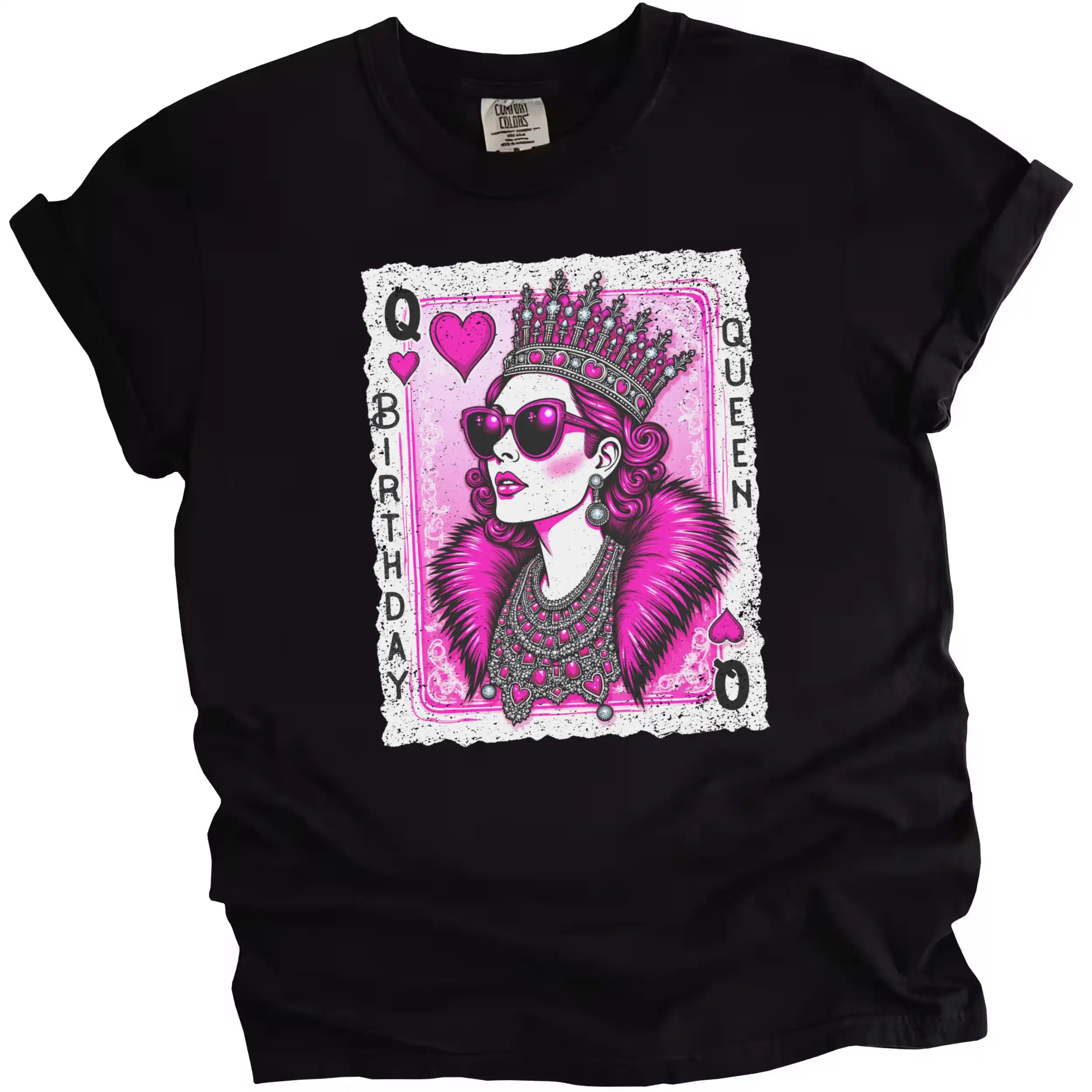 Black “Birthday Queen” t-shirt flat lay featuring modern queen of hearts design with diamond crown, jewels, and sunglasses for birthday celebrations