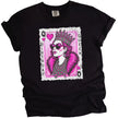 Black “Birthday Queen” t-shirt flat lay featuring modern queen of hearts design with diamond crown, jewels, and sunglasses for birthday celebrations