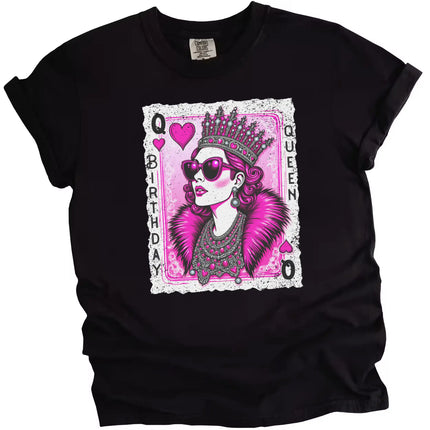Black “Birthday Queen” t-shirt flat lay featuring modern queen of hearts design with diamond crown, jewels, and sunglasses for birthday celebrations