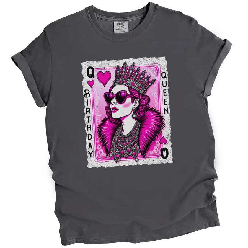 Gray “Birthday Queen” t-shirt flat lay featuring modern queen of hearts graphic with sparkling crown, jewels, and bold birthday lettering