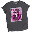 Gray “Birthday Queen” t-shirt flat lay featuring modern queen of hearts graphic with sparkling crown, jewels, and bold birthday lettering