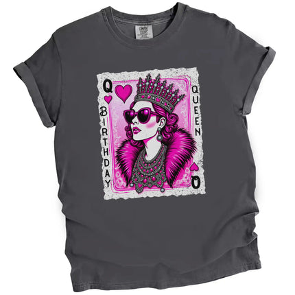 Gray “Birthday Queen” t-shirt flat lay featuring modern queen of hearts graphic with sparkling crown, jewels, and bold birthday lettering
