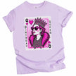 Light purple “Birthday Queen” t-shirt flat lay showing modern queen of hearts with diamond crown, jewels, and fancy lettering for birthday fun