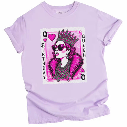 Light purple “Birthday Queen” t-shirt flat lay showing modern queen of hearts with diamond crown, jewels, and fancy lettering for birthday fun