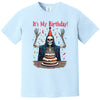 Light blue “It’s My Birthday” skeleton t-shirt flat lay featuring skeleton in party hat, cloak, and falling confetti for fun birthday vibes