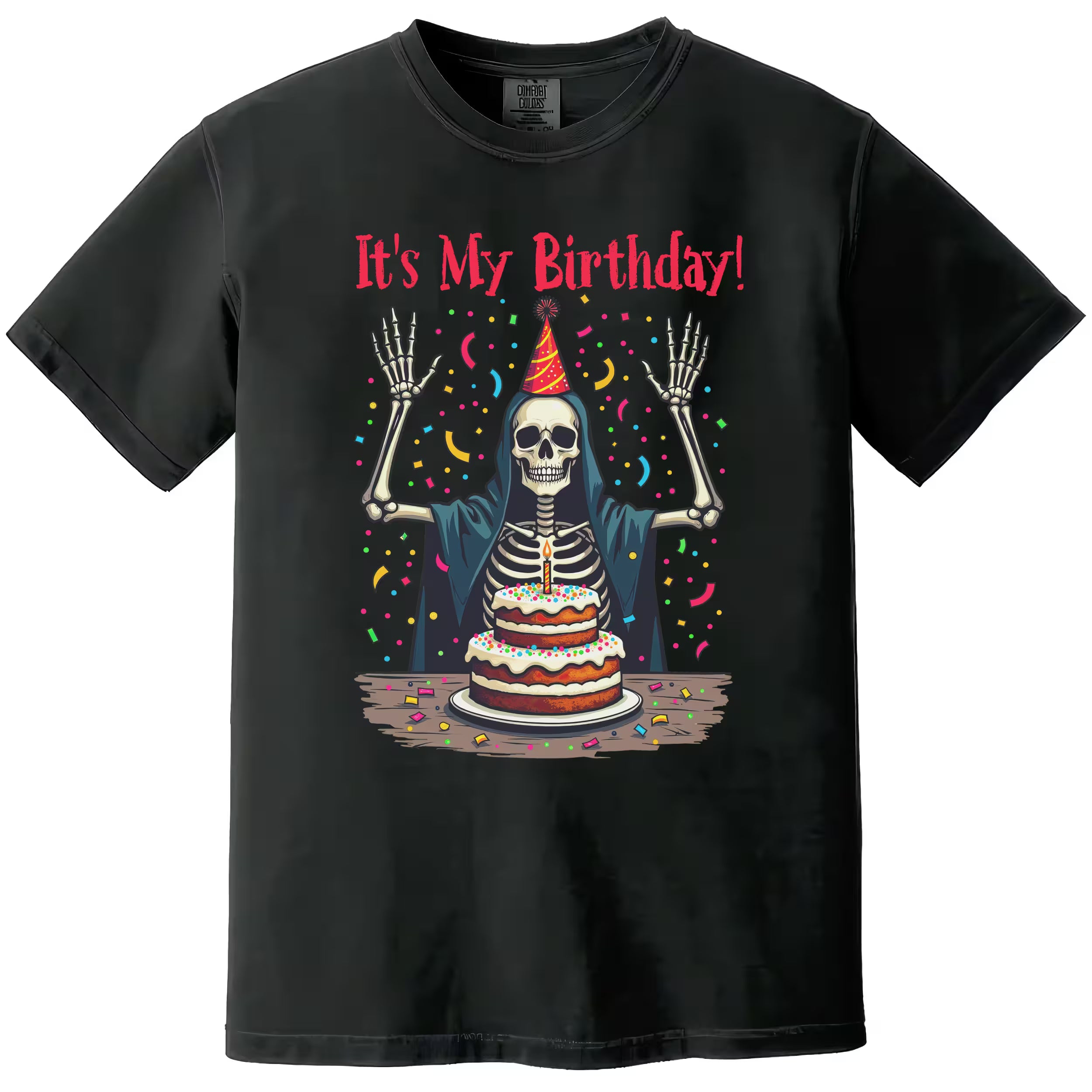 Black “It’s My Birthday” skeleton t-shirt flat lay with skeleton wearing party hat and cloak, surrounded by confetti, fun birthday tee