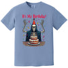 Blue “It’s My Birthday” skeleton t-shirt flat lay featuring skeleton with party hat and falling confetti, bold and playful birthday graphic