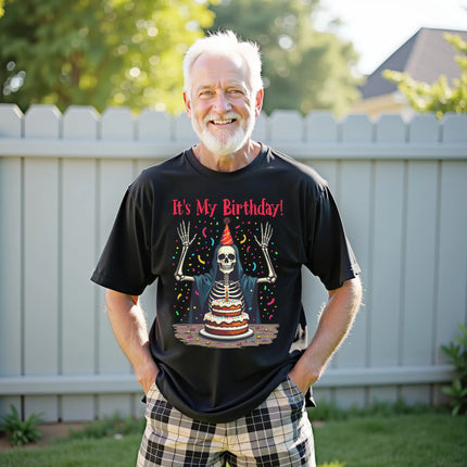 Model wearing black “It’s My Birthday” skeleton t-shirt celebrating birthday in a casual lifestyle setting with confetti and playful vibes