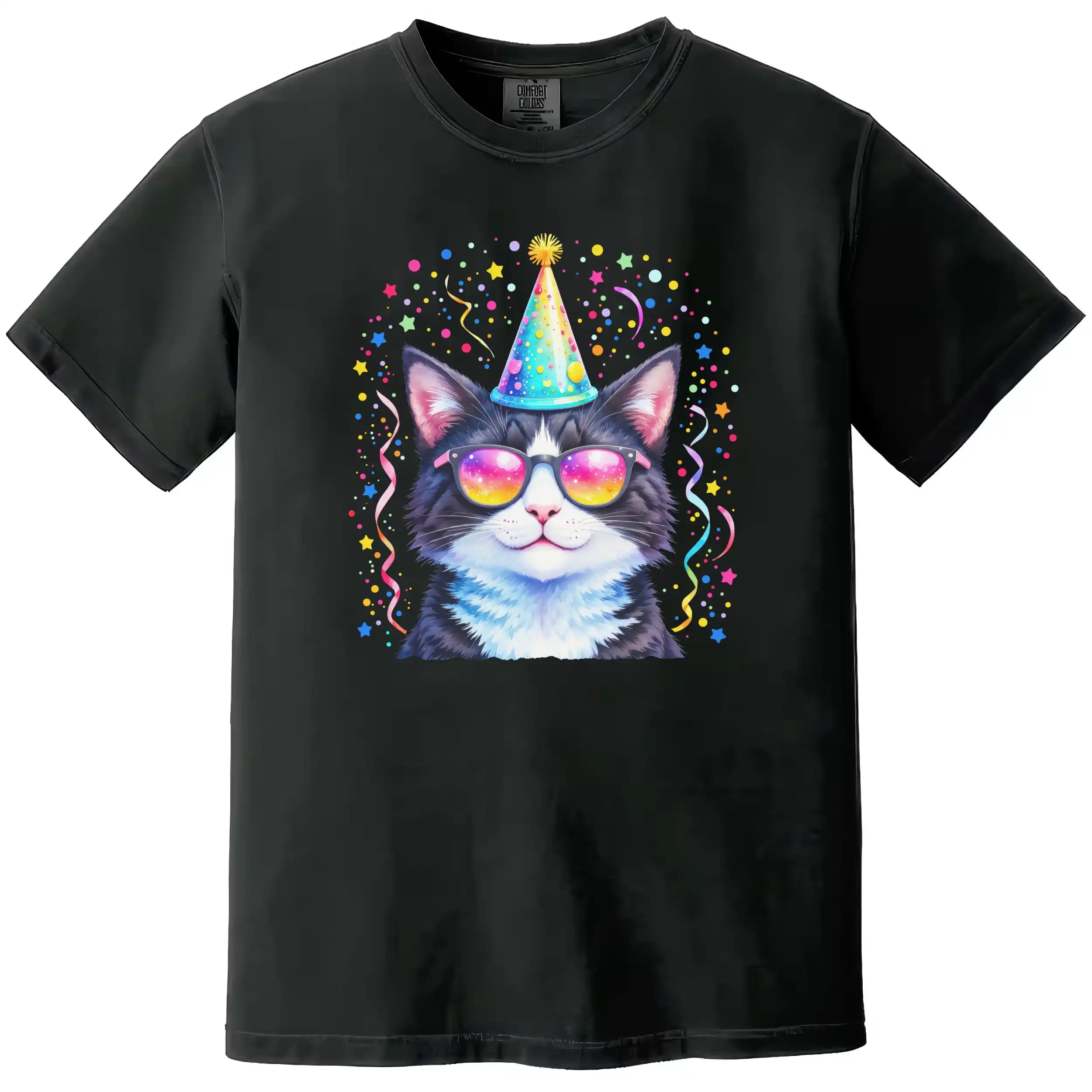 Funny birthday cat tee in black, party animal cat with sunglasses, birthday hat, and colorful confetti everywhere, chaotic celebration design.
