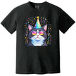 Funny birthday cat tee in black, party animal cat with sunglasses, birthday hat, and colorful confetti everywhere, chaotic celebration design.