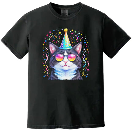 Funny birthday cat tee in black, party animal cat with sunglasses, birthday hat, and colorful confetti everywhere, chaotic celebration design.