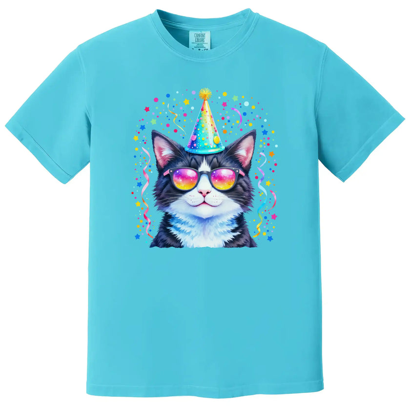 Birthday cat graphic t-shirt in blue, party animal cat wearing sunglasses and hat surrounded by pastel rainbow confetti explosion.