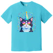 Birthday cat graphic t-shirt in blue, party animal cat wearing sunglasses and hat surrounded by pastel rainbow confetti explosion.