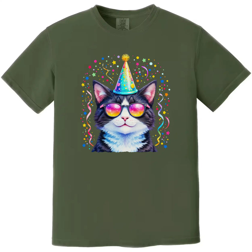 Party animal cat birthday shirt in green, sunglasses-wearing cat with hat and pastel rainbow confetti explosion graphic.