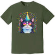 Party animal cat birthday shirt in green, sunglasses-wearing cat with hat and pastel rainbow confetti explosion graphic.
