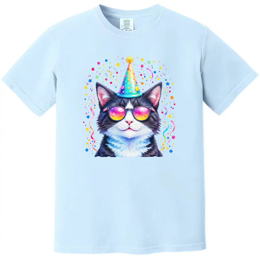 Cute birthday cat t-shirt in light blue, party animal cat with sunglasses, hat, and heavy confetti design in pastel rainbow colors.