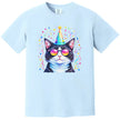 Cute birthday cat t-shirt in light blue, party animal cat with sunglasses, hat, and heavy confetti design in pastel rainbow colors.