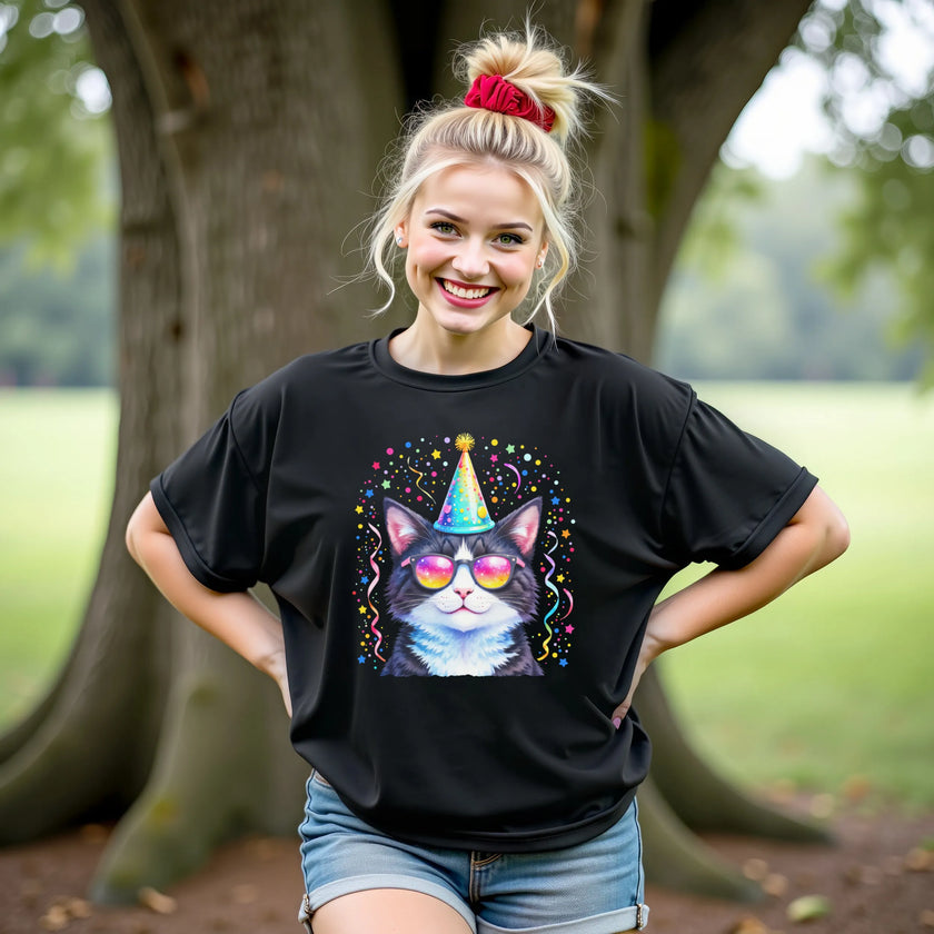 Female model wearing black birthday cat t-shirt outdoors, party animal cat with sunglasses, hat, and colorful confetti celebration design.