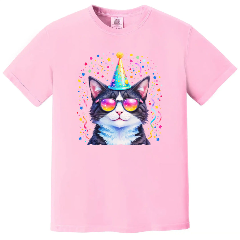 Funny birthday cat t-shirt in pink, party animal cat wearing sunglasses and hat with pastel confetti explosion design.
