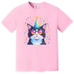 Funny birthday cat t-shirt in pink, party animal cat wearing sunglasses and hat with pastel confetti explosion design.