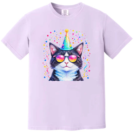 Birthday celebration cat tee in purple, party animal cat with sunglasses, hat, and rainbow confetti burst graphic.