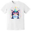 Cute party animal cat shirt in white, birthday cat wearing sunglasses and hat surrounded by pastel rainbow confetti explosion.