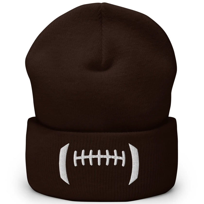 Brown cuffed football winter beanie featuring white embroidered detailing that creates a football-inspired design across the front cuff, cozy Buffalo fan cold-weather accessory.
