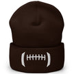 Brown cuffed football winter beanie featuring white embroidered detailing that creates a football-inspired design across the front cuff, cozy Buffalo fan cold-weather accessory.