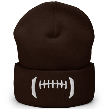 Brown cuffed football winter beanie featuring white embroidered detailing that creates a football-inspired design across the front cuff, cozy Buffalo fan cold-weather accessory.
