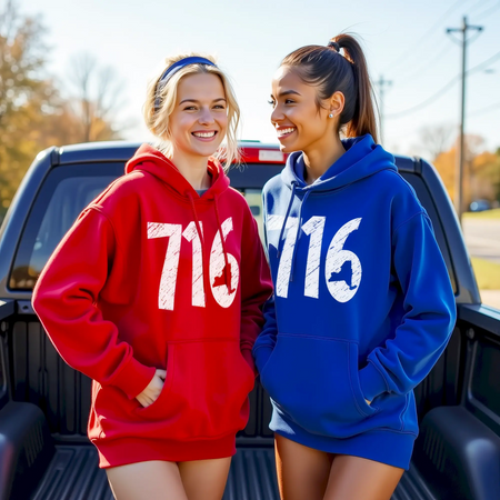 Two young women best friends standing in the back of a pickup truck wearing matching red and blue Buffalo NY 716 distressed hoodies, Buffalo streetwear apparel featured in outdoor lifestyle scene.
