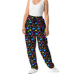 Woman wearing Buffalo retro neon pants featuring colorful geometric shapes and blue buffalo silhouettes, unique 80s and 90s inspired Buffalo NY fashion.