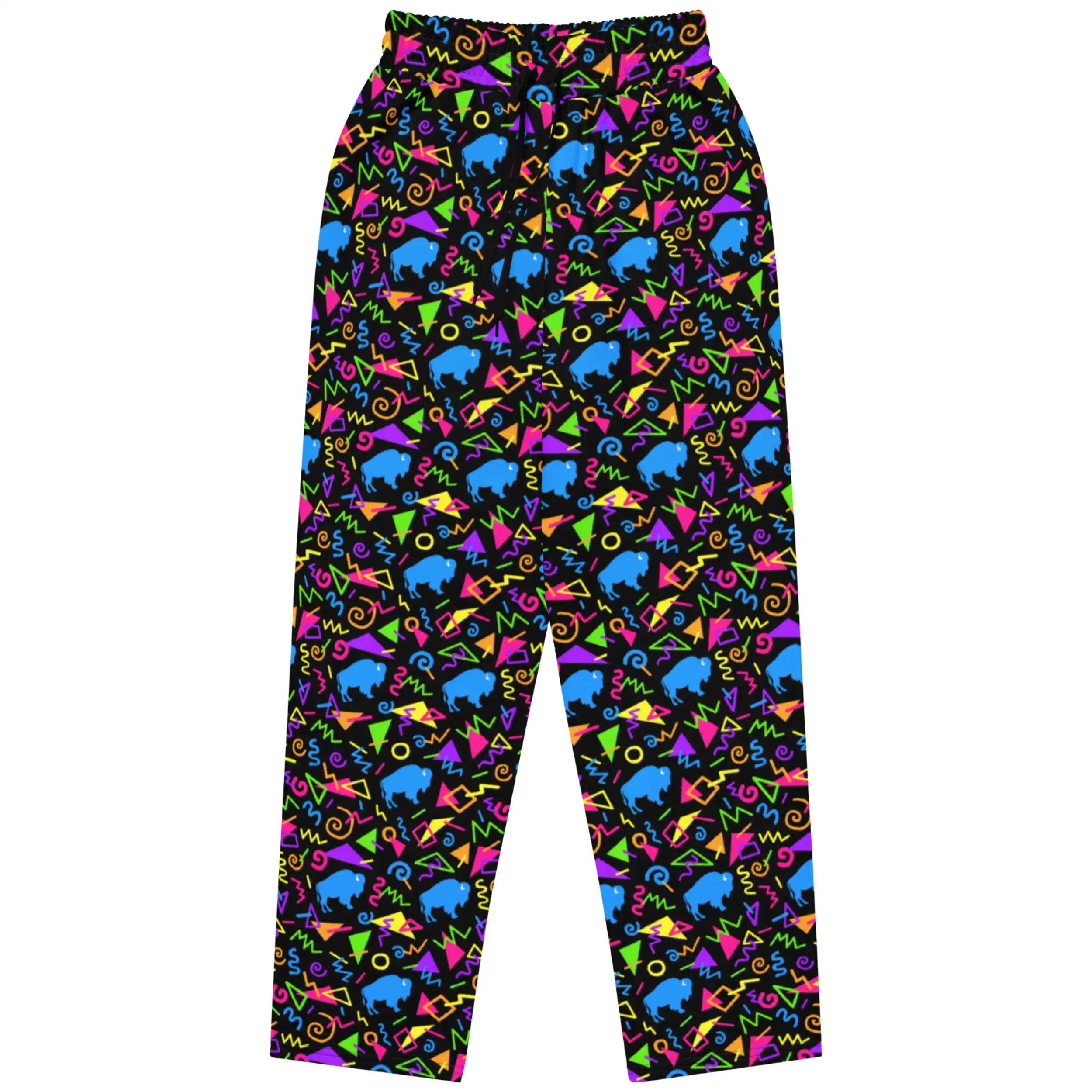 Buffalo NY retro pants featuring bold neon geometric pattern with colorful squares, triangles, circles, and blue buffalo silhouettes inspired by 80s and 90s arcade style.