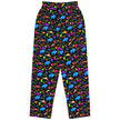 Buffalo NY retro pants featuring bold neon geometric pattern with colorful squares, triangles, circles, and blue buffalo silhouettes inspired by 80s and 90s arcade style.