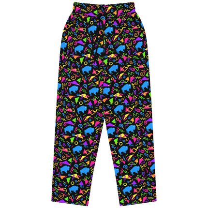 Buffalo NY retro pants featuring bold neon geometric pattern with colorful squares, triangles, circles, and blue buffalo silhouettes inspired by 80s and 90s arcade style.