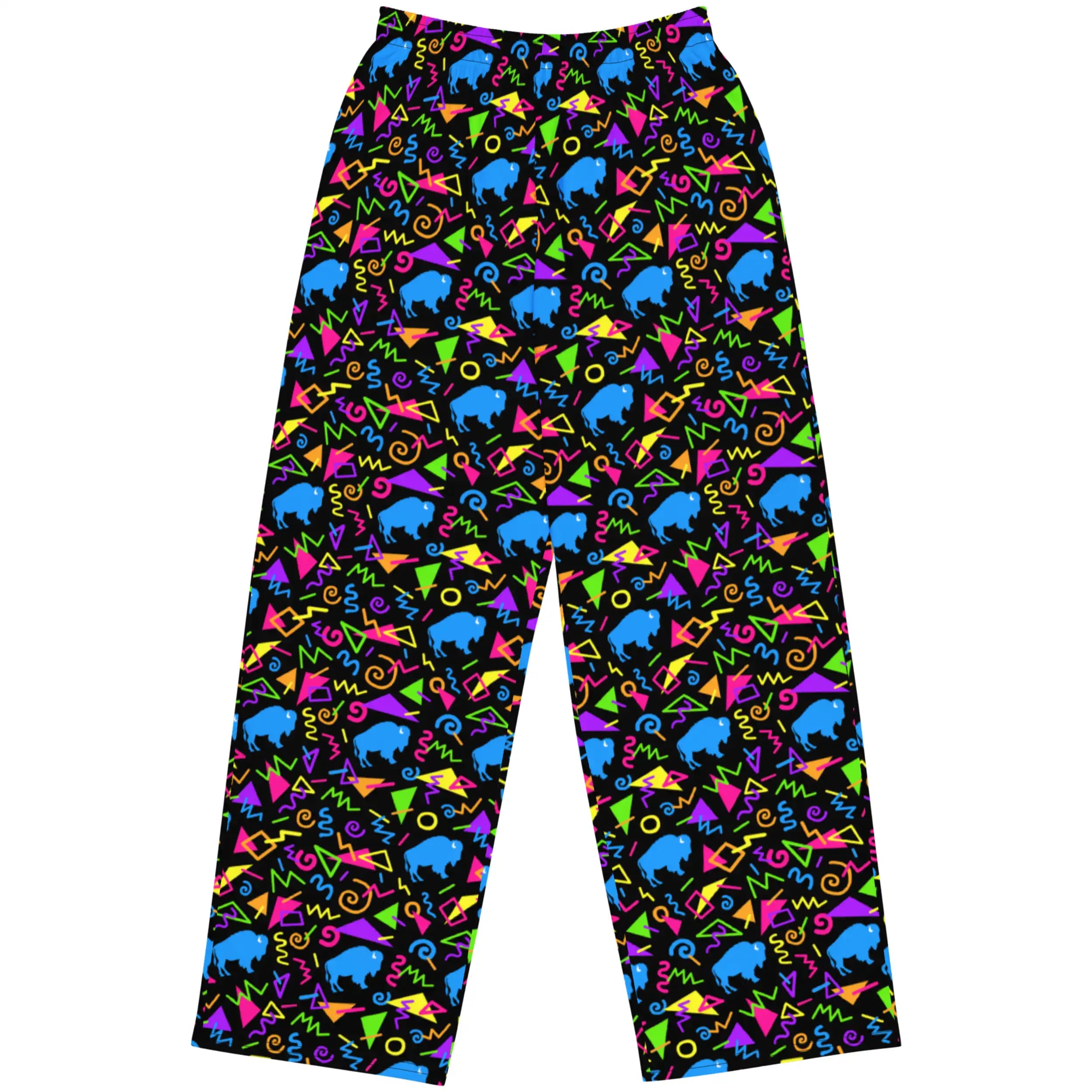 Buffalo NY retro pants featuring bold neon geometric pattern with colorful squares, triangles, circles, and blue buffalo silhouettes inspired by 80s and 90s arcade style.