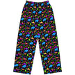 Buffalo NY retro pants featuring bold neon geometric pattern with colorful squares, triangles, circles, and blue buffalo silhouettes inspired by 80s and 90s arcade style.