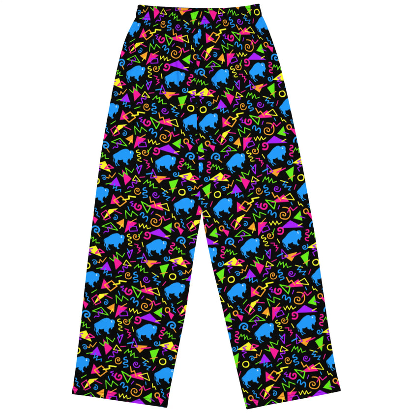 Back view of Buffalo retro print pants featuring vibrant neon shapes, colorful geometric design, and blue buffalo graphics for a nostalgic vintage-inspired look.