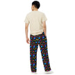 Man wearing Buffalo retro pants from the back featuring bright neon geometric print, nostalgic 80s and 90s inspired pattern, and Buffalo NY blue buffalo details.