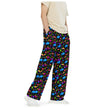 Right side view of Buffalo neon print pants featuring vibrant geometric shapes, retro squares, circles, triangles, and blue buffalo silhouettes.