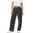 Woman wearing Buffalo retro neon pants featuring colorful geometric shapes and blue buffalo silhouettes, unique 80s and 90s inspired Buffalo NY fashion.