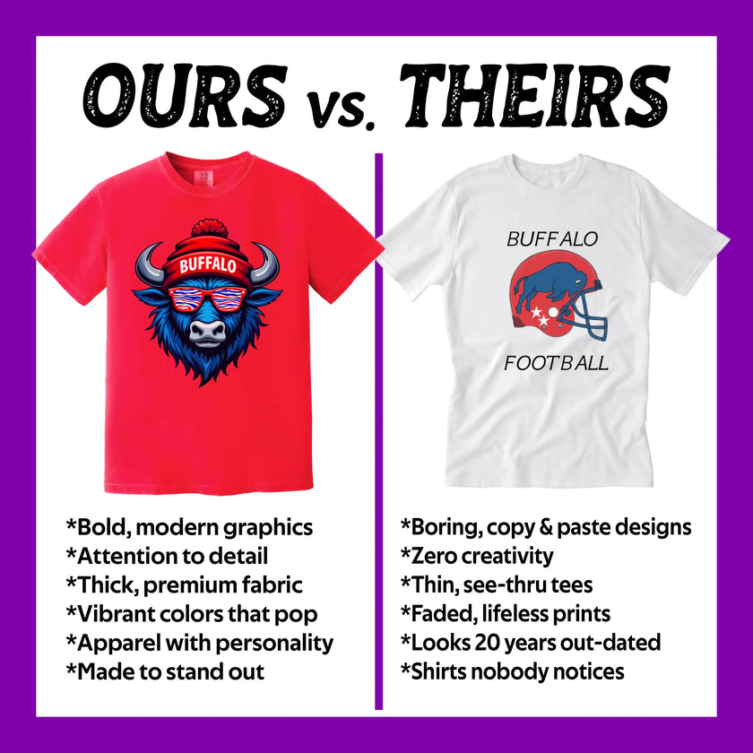 Side-by-side comparison of modern Buffalo apparel versus generic football shirts highlighting differences in design quality and fabric appearance.